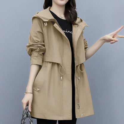 Women’s Windbreaker Jacket – Mid-Length Loose Fit – Hooded with Adjustable Waist