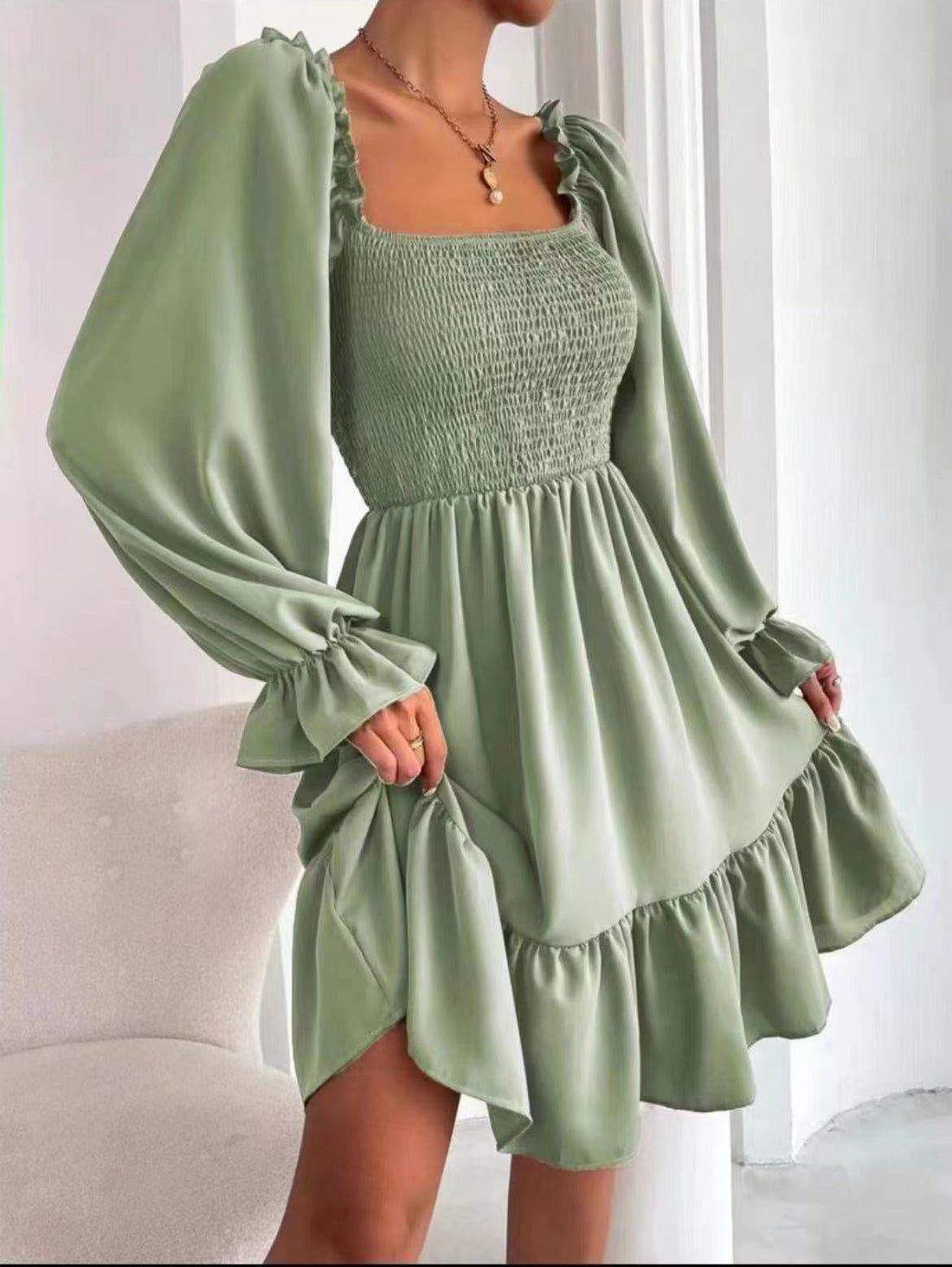 Feechi - square neck shirred bodice flounce sleeve ruffle hem dress