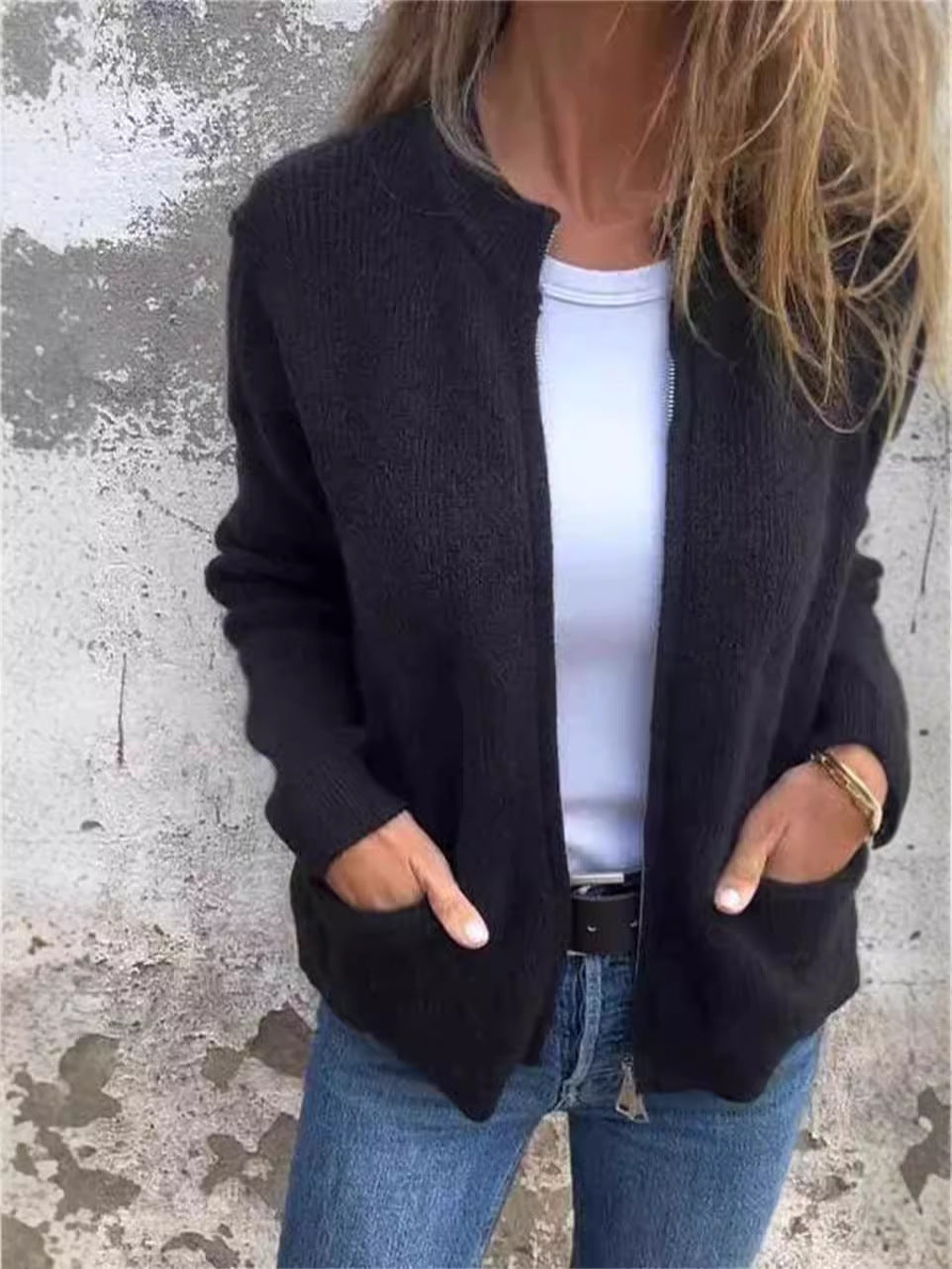 Ribbed Knit Loose Fit Zipper Jacket 