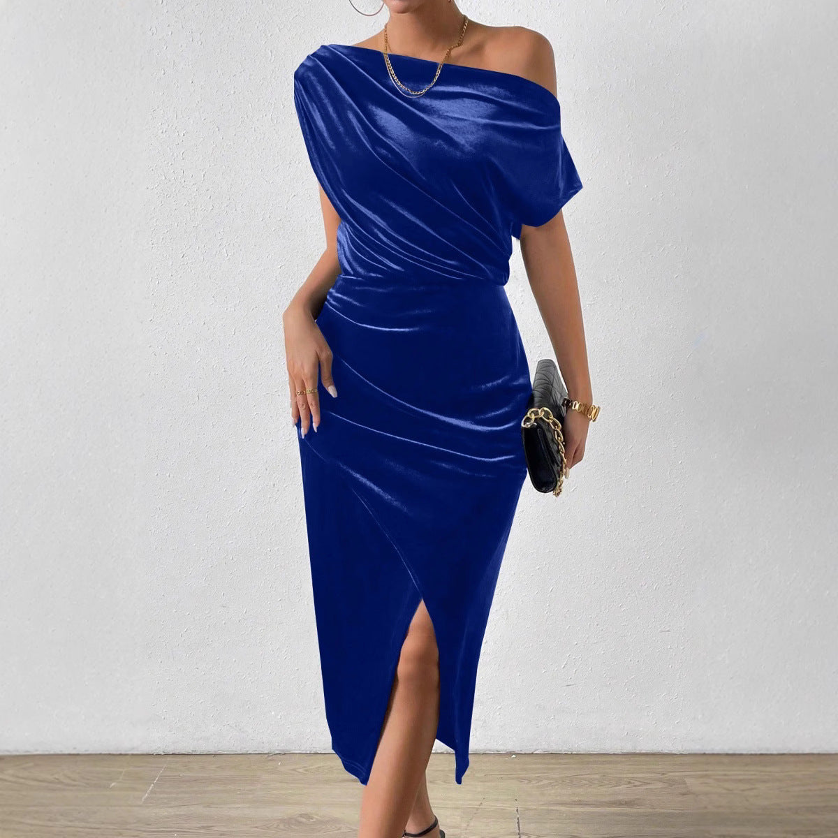 Women’s Midi Dress – Velvet One-Shoulder – Ruched Fit with Front Slit
