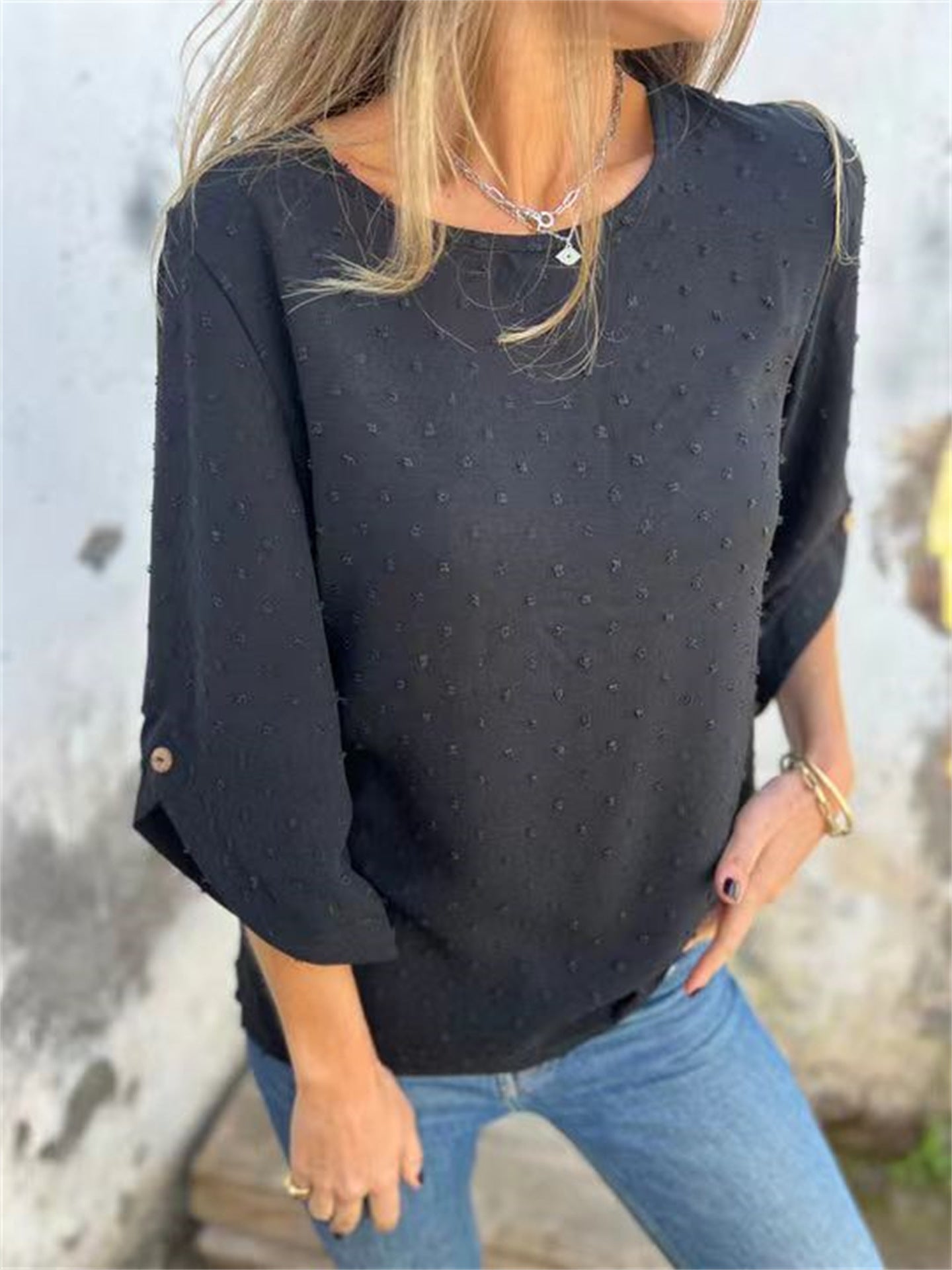 Textured Relaxed Fit Round Neck Blouse