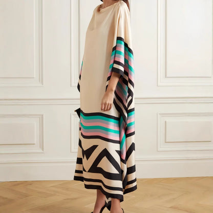 Women’s Asymmetrical Midi Dress - Striped Hem - Loose Fit - Elegant Long Sleeve