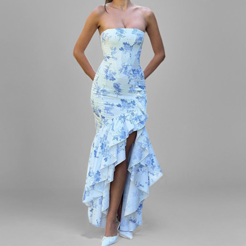 Women’s Strapless Dress – Slim Fit – Midi Length – Asymmetrical Ruffle Hem – Evening Wear