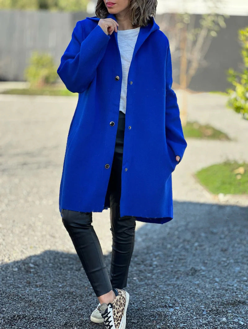 Wool Blend Relaxed Fit Hooded Long Coat 