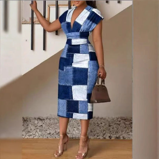 Slim Fit Patchwork Denim Midi Dress