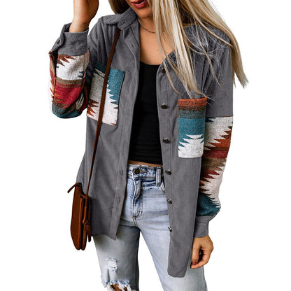 Women’s Cardigan Jacket – Corduroy Texture – Aztec Pattern – Relaxed Fit – Button-Up