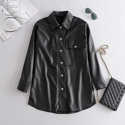 Women’s Shirt Jacket – Faux Leather – Loose Fit – Snap Buttons – Chest Pockets – Mid-Length