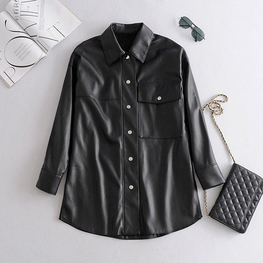 Faux Leather Loose Fit Shirt Jacket 