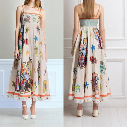 Women’s Maxi Dress – A-Line Fit – Lightweight Cotton – Spaghetti Straps – Artistic Print