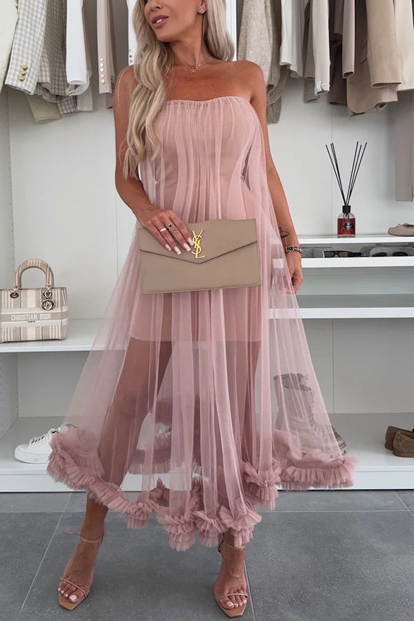 Ruffle Hem Tulle Overlay Midi Dress
