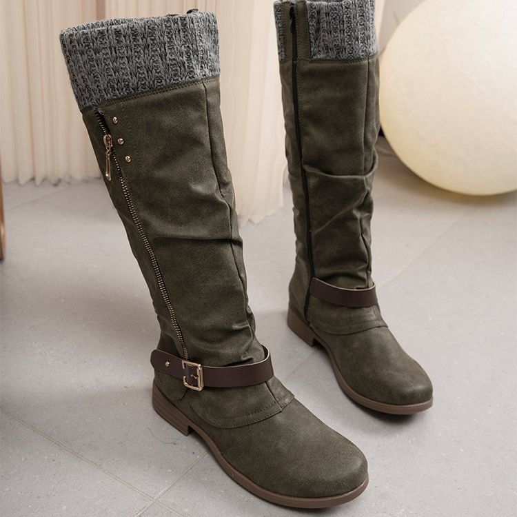 Women's leather side zip low heel knight boots
