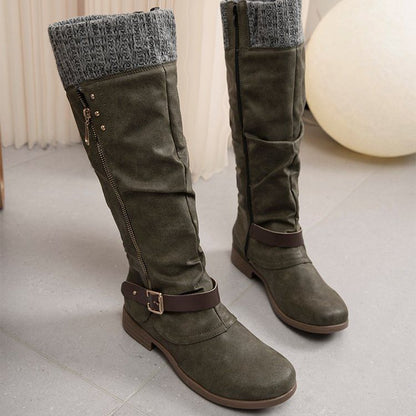 Women's leather side zip low heel knight boots