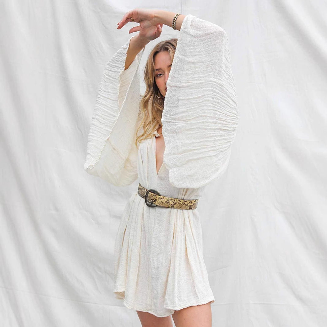 Women’s Cover-Up Dress – 100% Cotton – V-Neck – Belted Loose Fit – Mini Length – 3/4 Sleeve