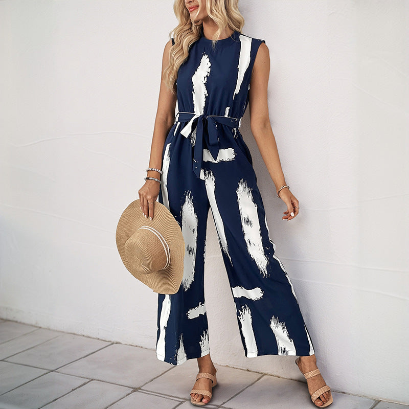 Lightweight Printed Tie Waist Jumpsuit