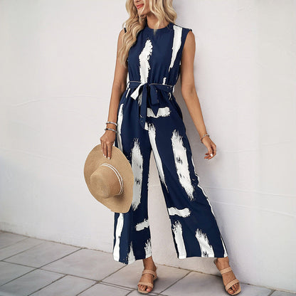 Women’s Jumpsuit – Sleeveless Wide Leg – Tie Waist – Lightweight Printed Fabric