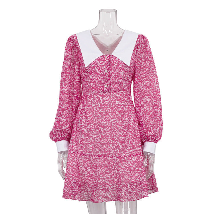 Women's A-Line Dress - Puff Sleeve - Contrast Pointed Collar - Vintage Inspired