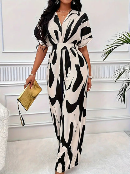 Women’s Jumpsuit – V-Neck – Short Sleeve – Cinched Waist – Wide Leg – Abstract Print