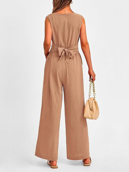 Women's Jumpsuit - V-Neck with Tie Waist - Elegant Wide-Leg Design