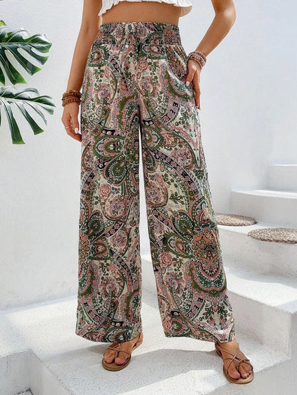 Women’s Wide-Leg Pants – Relaxed Fit – Elastic Waist – Breathable Blend – Boho Print