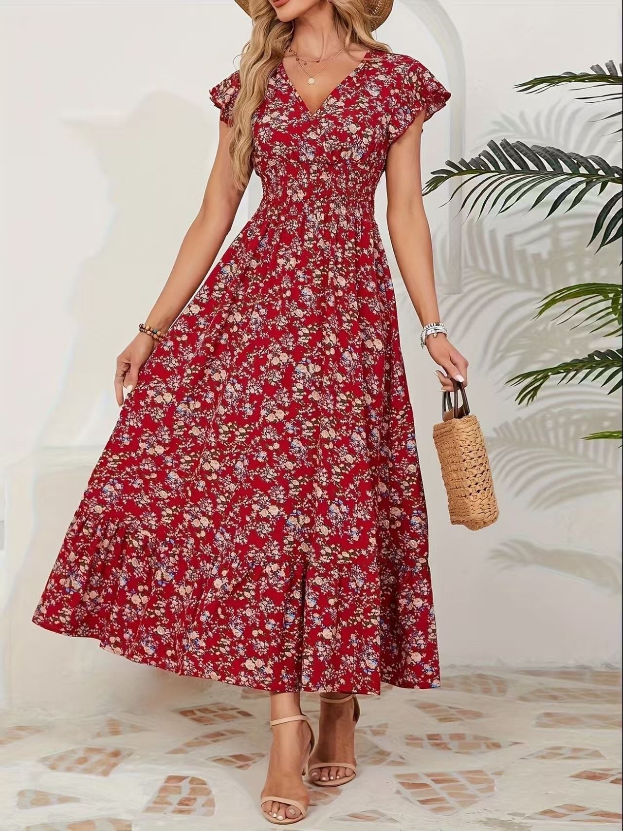 Women's Maxi Dress - Floral Print - V Neck - Ruffle Sleeves - Elegant Flowy Style