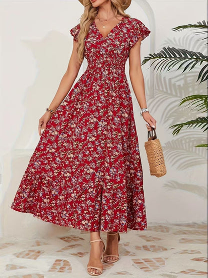 Women's Maxi Dress - Floral Print - V Neck - Ruffle Sleeves - Elegant Flowy Style