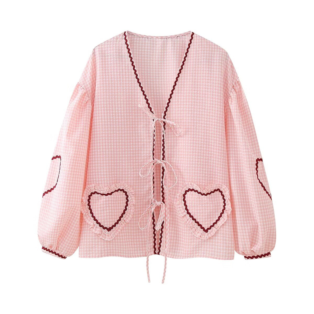 Gingham Checkered Puff Sleeve Embroidered Blouse