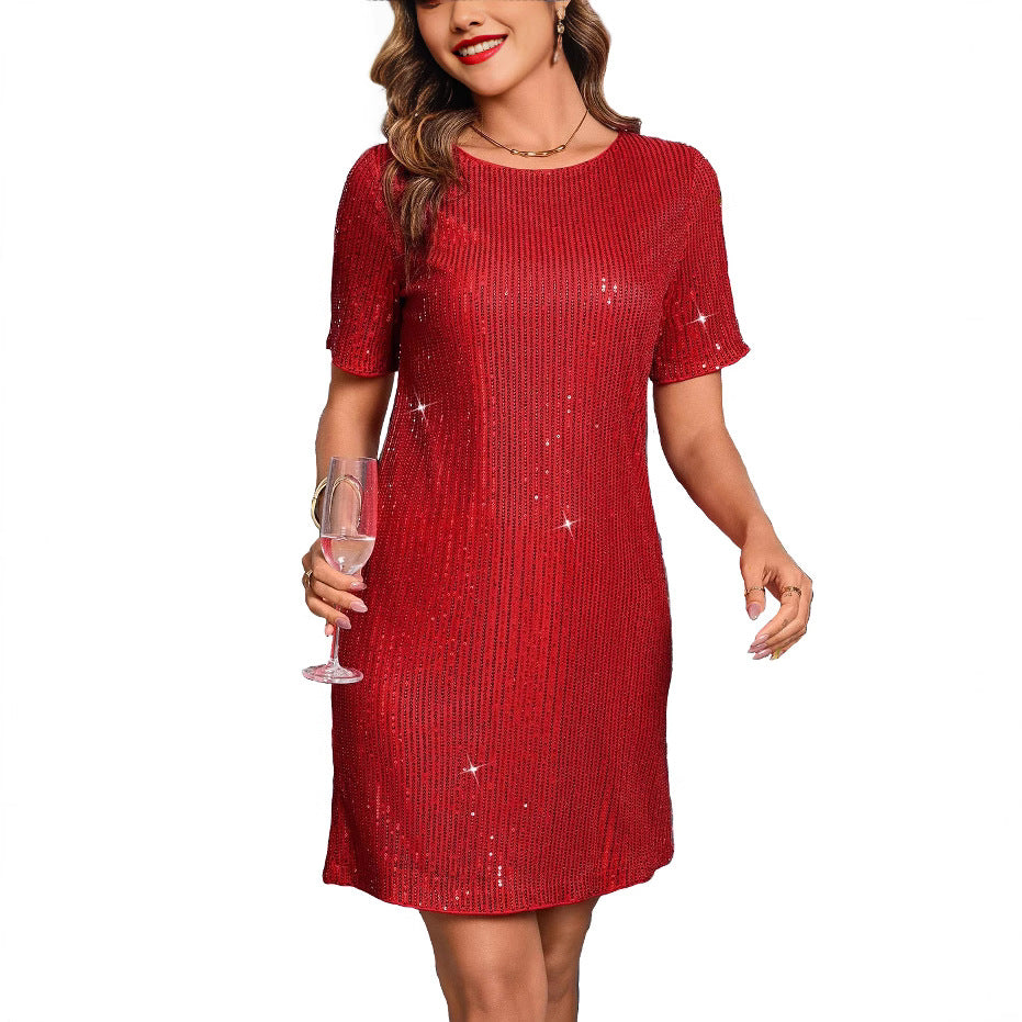 Women’s Mini Dress – Sequin Embellished – Relaxed Fit – Short Sleeve Party Wear