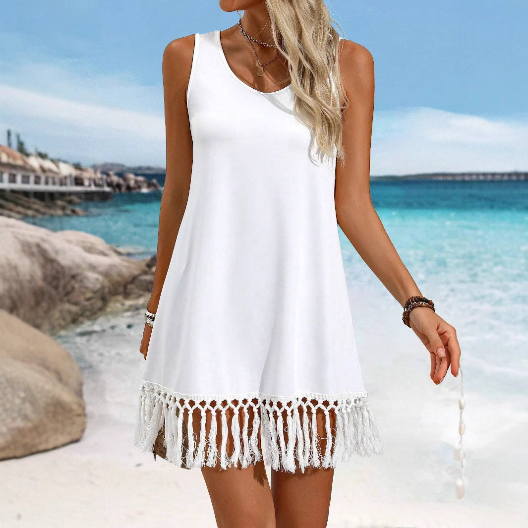 Tassel Trim Sleeveless Beach Dress