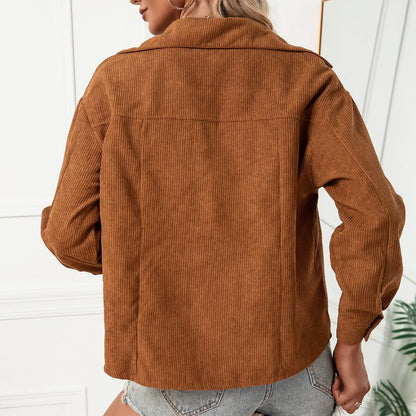 Women’s Shirt Jacket – Corduroy – Relaxed Fit – Snap Front – Lapel Collar – Chest Pockets