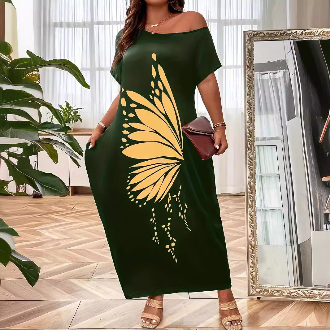 Butterfly Print Relaxed Off-Shoulder Maxi Dress 