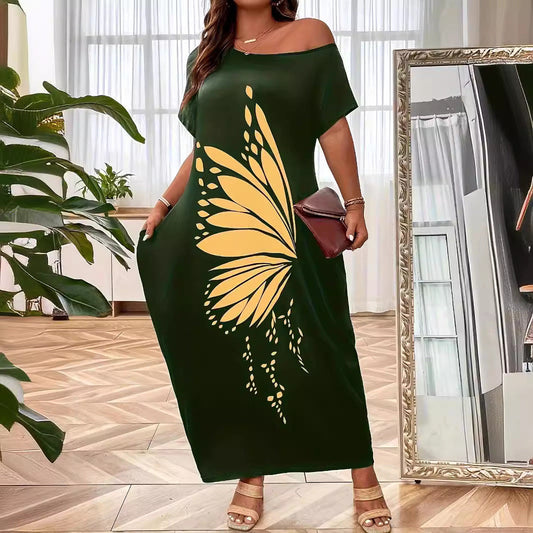 Butterfly Print Relaxed Off-Shoulder Maxi Dress 