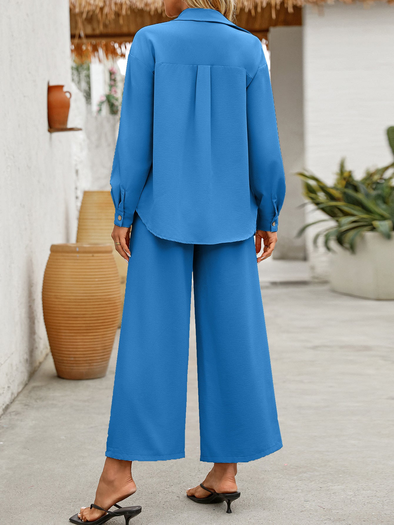 Linen Blend Loungewear Button-Up Shirt Set