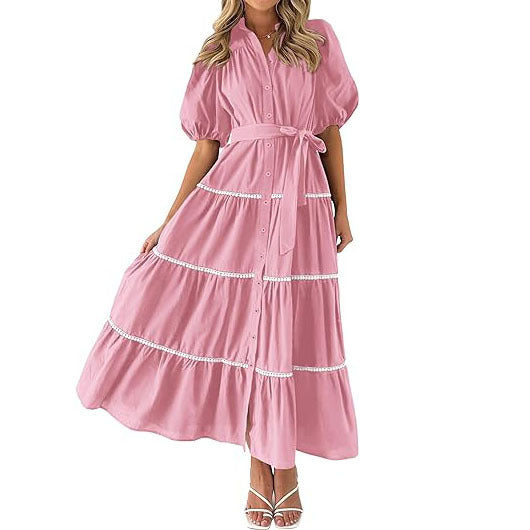 Puff Sleeves - Waist Tie Buttoned Tiered Style Maxi Dress