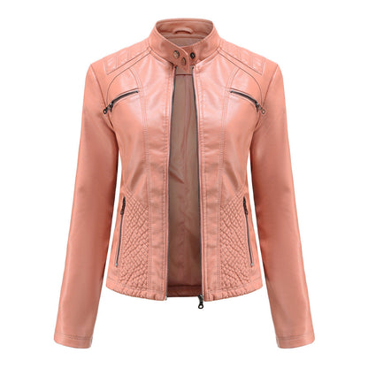 Women's casual faux leather stand-up collar jacket