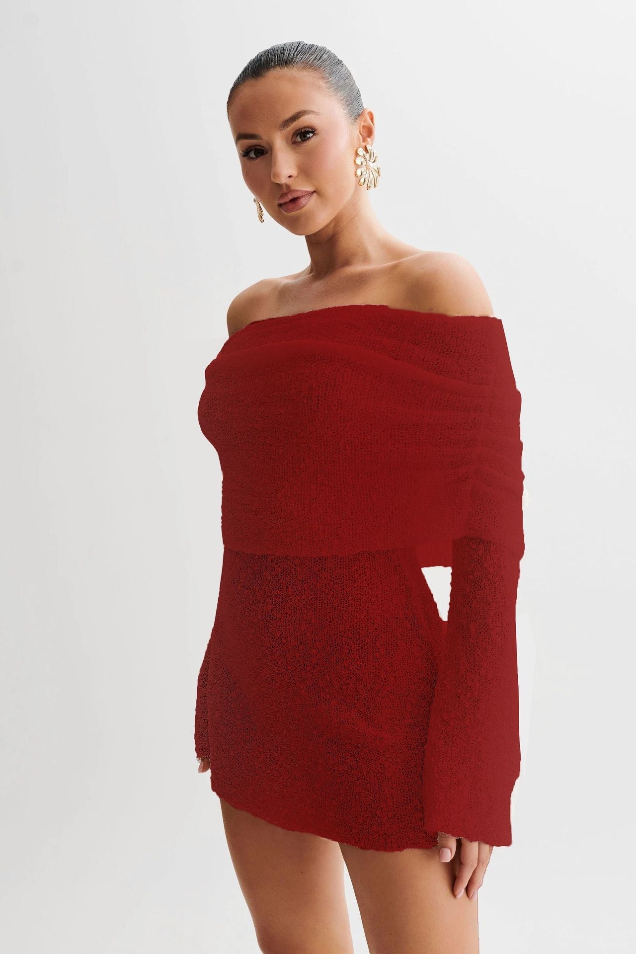 Women’s Knit Beach Dress – Off Shoulder – Slim Fit – Semi Sheer – Flared Sleeve Cover Up