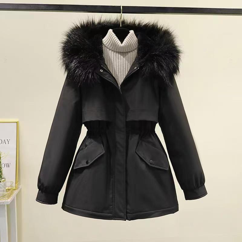 Women's winter parka with fur hood and drawstring waist