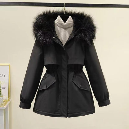 Women's winter parka with fur hood and drawstring waist