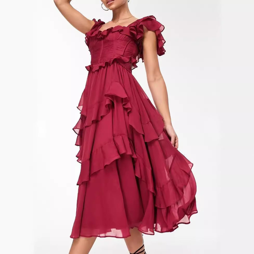 Women's Off-Shoulder Midi Dress - Tiered Ruffle Skirt - Elegant Flowing Fit