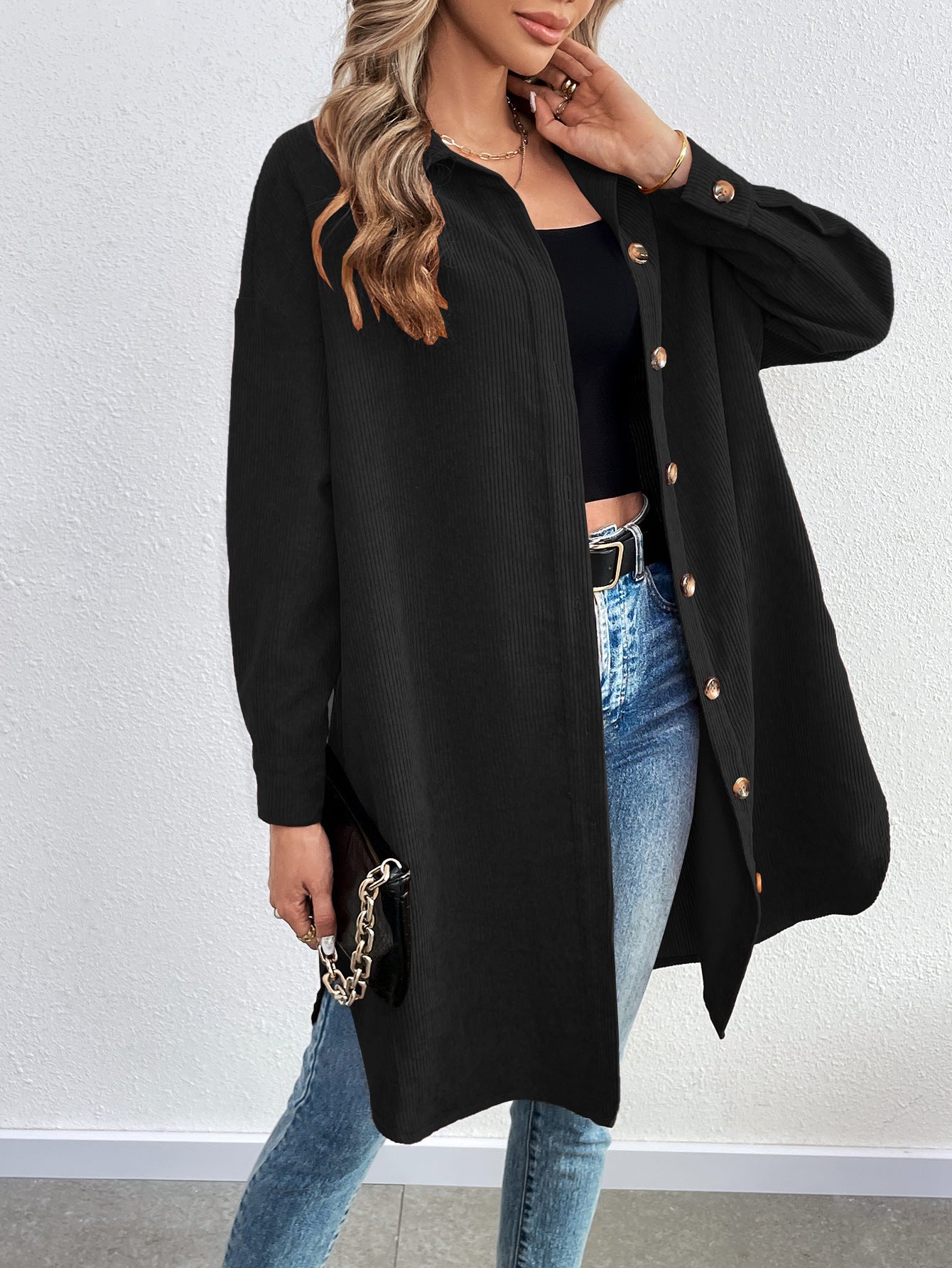 Women's casual button down knee length jacket with pockets