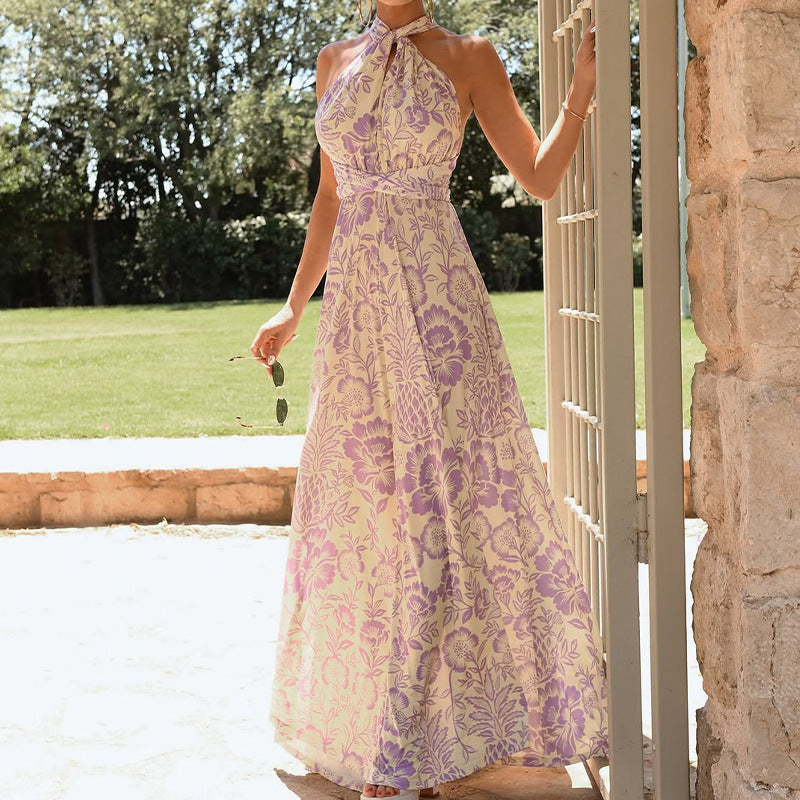 Women’s Halter Neck Dress – Full Length – Floral Print – Backless Flowing Fit