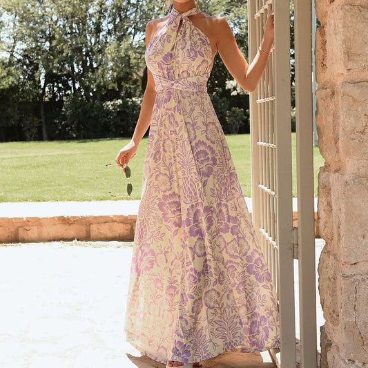 Floral Print Flowing Halter Neck Dress