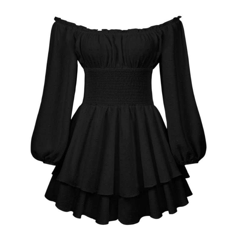 Women's Off-Shoulder Shirred Dress - Long Sleeves - Flowing Ruffle Hem