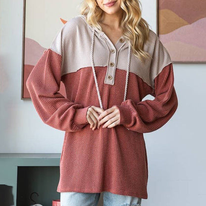 Women’s Hoodie – Loose Fit – Ribbed Knit – Henley Placket – Color Block Design