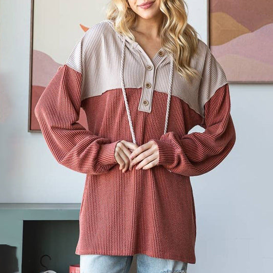 Ribbed Knit Loose Fit Color Block Hoodie 