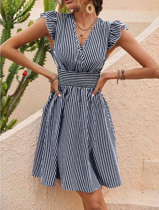 Striped Cinched Waist A-Line Fit Dress
