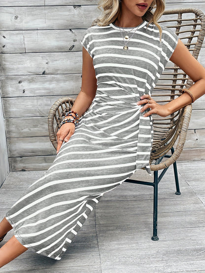 Women's Bodycon Midi Dress - Round Neck - Striped Twist Knot - Elegant Fit
