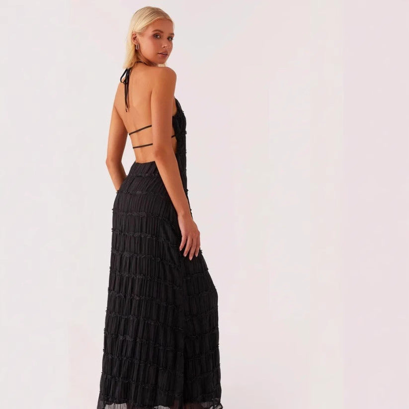 Women’s Maxi Dress – Halter Neck – Ruched Bodice – Lace Trim – Flowy Fit