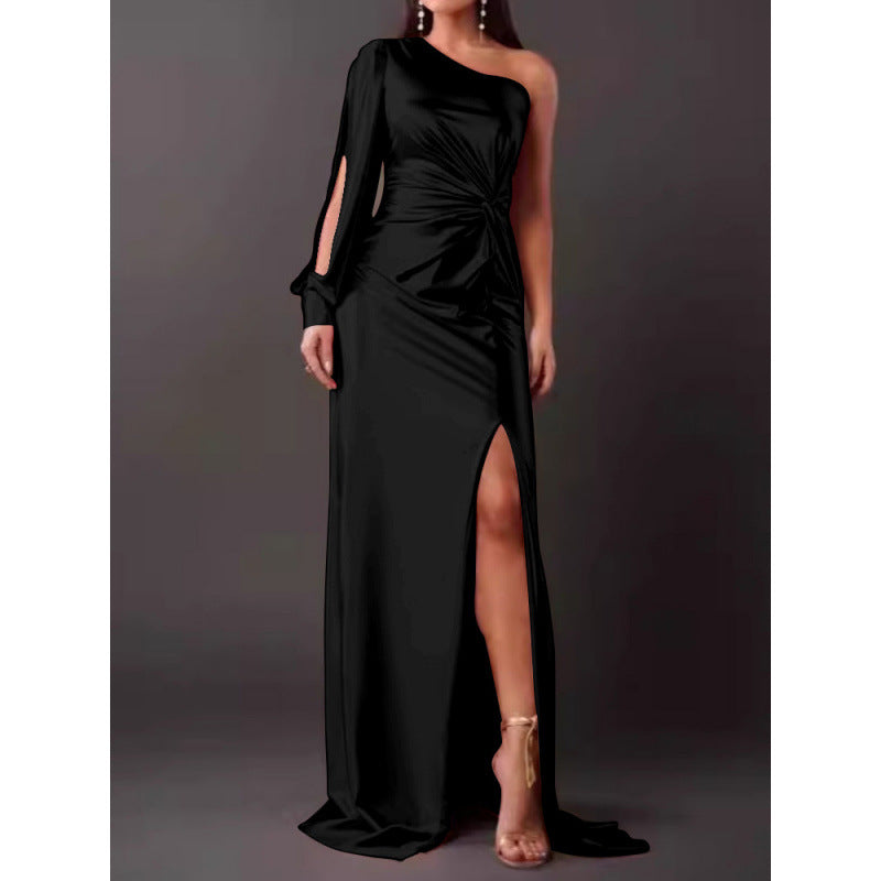 Satin Finish One Shoulder Maxi Dress