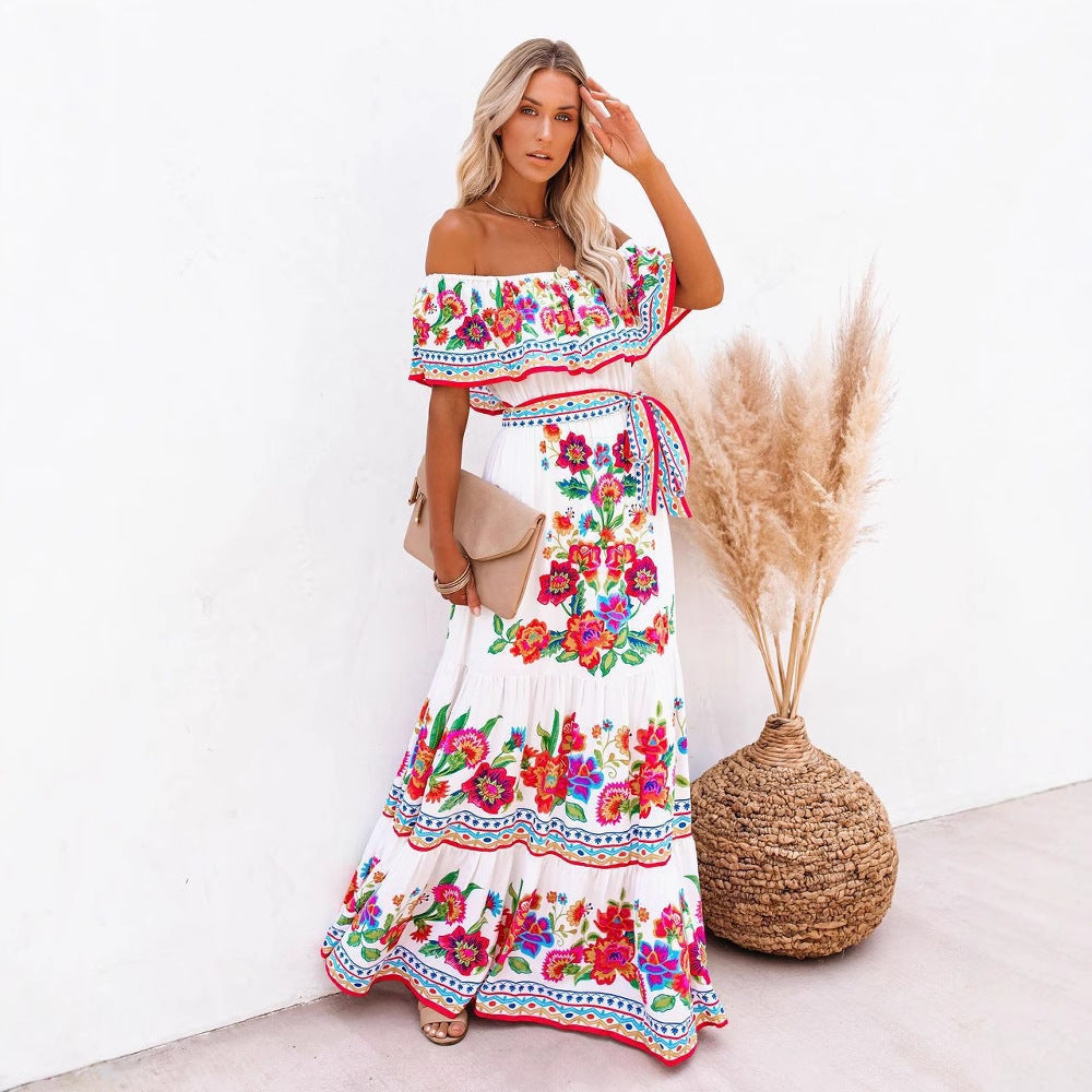 Women’s Maxi Dress – Off-Shoulder Ruffle Top – Floral Print – Belted Cotton Blend