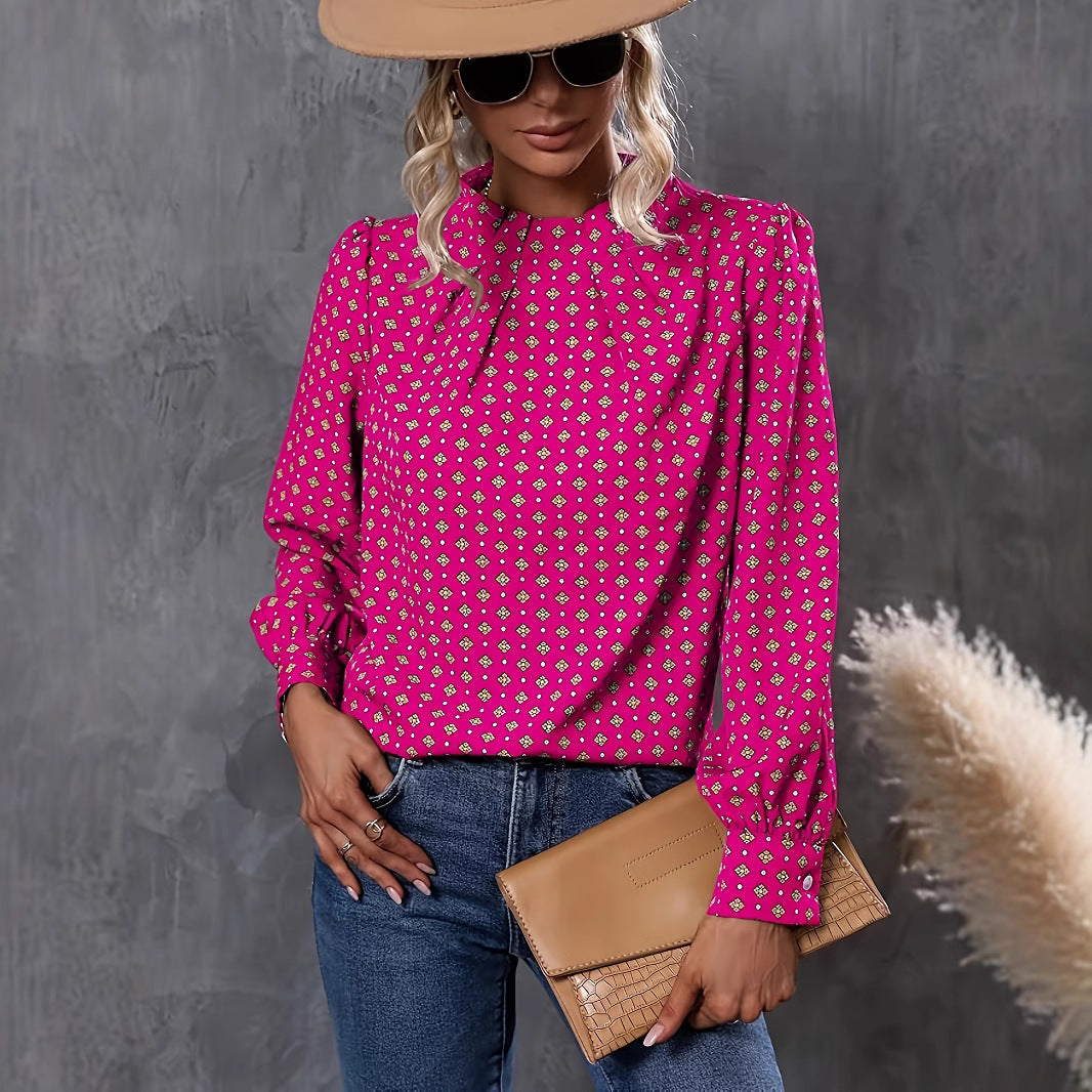 Pleated High Neck Lightweight Printed Blouse